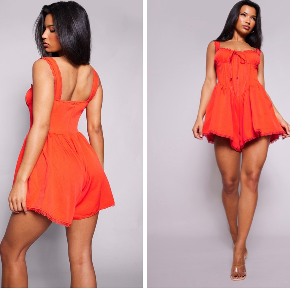 Red Woven Lace Detail Strappy Romper